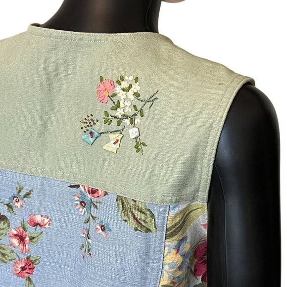 Susan Bristol Multicolor Patchwork Floral Linen Cotton Button Front Vest Small - Picture 8 of 13